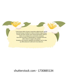 Vector illustration of a hand-drawn Chinese Camellia sinensis on a white background. Beautiful flowering plant. A drawn template with a text space. Design element for greeting cards.