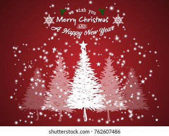 Vector illustration of Hand-drawn Christmas trees design with "we wish you Merry Christmas & HAPPY NEW YEAR" text on red background. Design for Winter Holidays Greeting Card. 