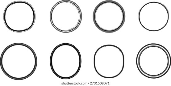 Vektorgrafik handgezeichneter Kreisformen mit variierender Dicke und Linienqualität im Rasterlayout