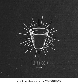 vector illustration of hand-drawn coffee cup logo  and light rays on the black cardboard texture