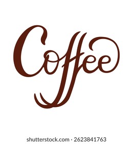 Vector illustration of hand-drawn coffee lettering in elegant script style. Decorative calligraphy for cafe branding, menu design, packaging, or prints. Stylish brown text isolated on white background
