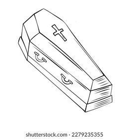 Vector illustration of a hand-drawn coffin with a cross on the top.