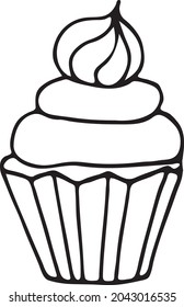 Vector illustration, hand-drawn cupcake in the doodle style. Black and white image. Delicious cupcake for postcards, greetings, the Internet, messages