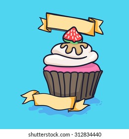 Vector illustration, hand-drawn cupcake. Perfect for menus, invitations, decor for restaurants, birthday cards and weddings