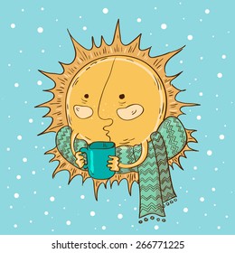 Vector illustration of hand-drawn cute cartoon winter sun in a scarf with a cup of tea