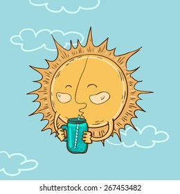 Vector illustration of hand-drawn cute cartoon sun drinking a smoothie from a jar