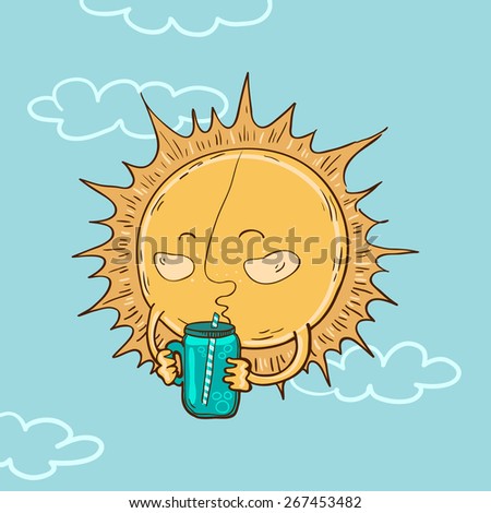 Vector illustration of hand-drawn cute cartoon sun drinking a smoothie from a jar