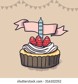 Vector illustration, hand-drawn cute retro cupcake with a birthday candle and a ribbon. Perfect for greeting cards and birthday parties