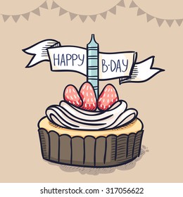 Vector illustration, hand-drawn cute retro cupcake with a birthday candle and a ribbon. Perfect for greeting cards and birthday parties
