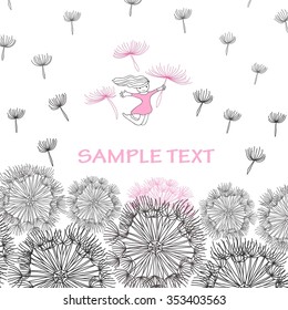 vector illustration of hand-drawn dandelions with flying up of the pistil on a white background with plase for text For one of the pistils holding a little girl in a pink dress