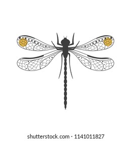 Vector illustration of a hand-drawn decorative dragonfly isolated on white background. Can be used for postcard, print, poster.