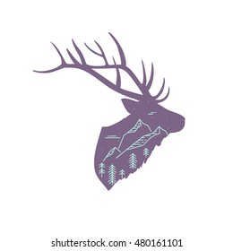 Vector illustration with hand-drawn deer silhouette forest and mountain. Linear nature illustration