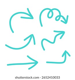 Ilustración vectorial de una flecha de doodle dibujada a mano en varias direcciones y estilos. Incluye flechas rectas, curvas, flechas en bucle y flechas discontinuas