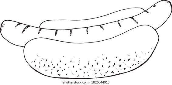 Vector illustration. Hand-drawn Doodle of a hot dog bun with sesame seeds with sausage on the grill. Junk food. A cartoon sketch. Design of menus, signage, display cases, greeting cards, posters