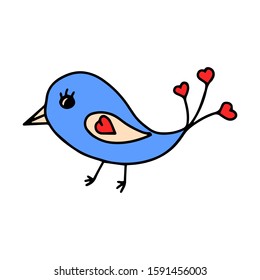 Vector illustration. Hand-drawn in doodle style cute bird with hearts on the tail. Color contour design element for Valentine's Day. The object is isolated on a white background.