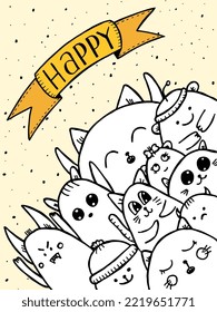 Vektorgrafik im handgezeichneten Doodle-Stil. Hübsche glückliche Charaktere. Die Gestaltung der Abdeckung.