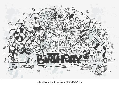 Vector illustration of a hand-drawn doodles on a theme birthday. Birthday cake, rocket gifts and cartoon characters. Black contour