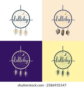 Vector illustration of hand-drawn dream catcher for kids with text: "lulleby" means lullaby. Their purpose was to protect sleepers, especially children, from bad dreams, nightmares and evil spirits.