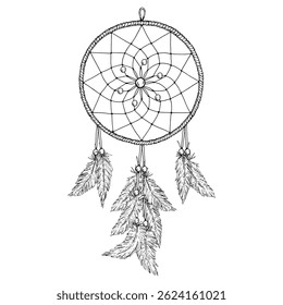 Ilustração vetorial de um dreamcatcher desenhado à mão com penas e contas, criado na arte da linha de tinta. Adequado para desenhos esotéricos, temas boho, artesanato, impressões têxteis e decoração de parede.
