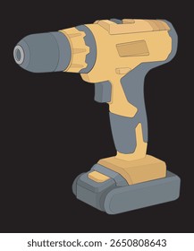 Vector illustration of a hand-drawn electric drill in side view, rendered in clean line art style. Ideal for use in construction guides, power tool manuals, home improvement visuals, workshop layouts.