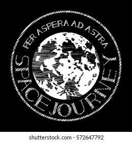 Vector illustration of hand-drawn emblem with moon and inscriptions: Space journey, and Latin saying: Per aspera ad astra, which means: Through the thorns to the stars