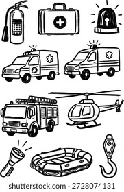 Vector illustration of hand-drawn emergency and rescue items, featuring essential elements like fire trucks, ambulances, helicopters, first aid kits, and a fire extinguisher