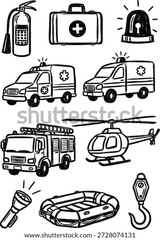 Vector illustration of hand-drawn emergency and rescue items, featuring essential elements like fire trucks, ambulances, helicopters, first aid kits, and a fire extinguisher