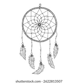Ilustração vetorial de um dreamcatcher esotérico desenhado à mão com penas e contas. Criado em estilo de esboço de tinta preto e branco, adequado para projetos com tema boho, design de tatuagem ou decoração espiritual.