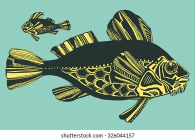 Vector illustration with hand-drawn fishes