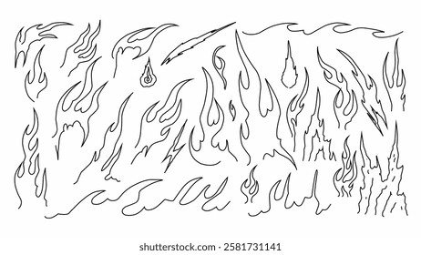 Vector illustration of hand-drawn flame outlines in black and white. Perfect for tattoo designs, tribal patterns, and graphic elements in fiery themes