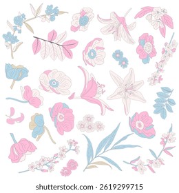 Vector illustration of hand-drawn flowers, lilies and leaves isolated on a white background. Floral elements perfect for invitations, greeting cards, botanical designs, fabric