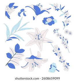 Vector illustration hand-drawn flowewrs, lilies and leaves isolated on white background. Vector floral elements for botanical designs, wedding invitations, textiles, and seasonal decorations