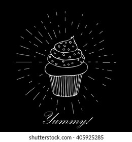 Vector illustration, hand-drawn  grunge cupcake background. Black and white. Yummy card with cupcake.