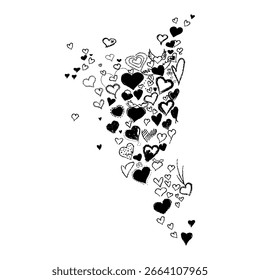 Vector illustration of hand-drawn heart shapes in various styles, from solid black on a white background.