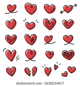 Vector illustration of hand-drawn hearts with black outlines. Features cute, doodle-style heart shapes with a casual look. Great for Valentine’s Day, romance, greeting cards, and love-themed designs.