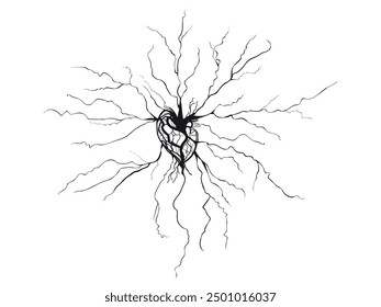 Vector illustration of hand-drawn human heart with roots on a light background. Heart shaped root