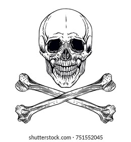 Vector illustration of hand-drawn human skull with crossed bones