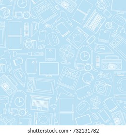 vector illustration of hand-drawn icons of home appliances on blue background