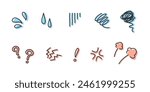 Vector illustration of hand-drawn icons of sweat, impatience, confusion, worry, and anger. Line width editable.