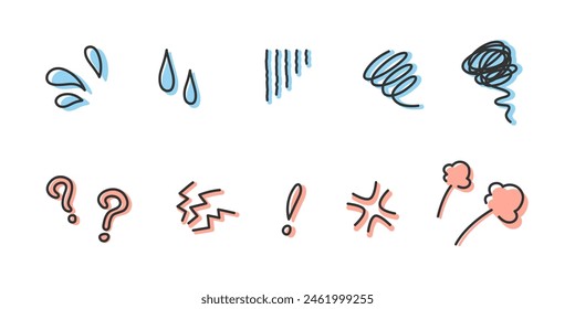 Vector illustration of hand-drawn icons of sweat, impatience, confusion, worry, and anger. Line width editable.