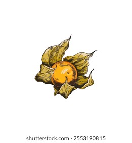 Ilustración vectorial ilustraciones dibujadas a mano de bayas de physalis maduras y hojas decorativas. Un ingrediente orgánico y tropical para la decoración de temporada.