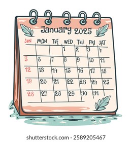 Vector illustration of a hand-drawn January 2025 calendar featuring a vintage clip design