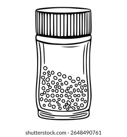Ilustração vetorial de um frasco desenhado à mão preenchido com pequenas partículas de formato irregular, apresentando uma tampa de rosca detalhada com linhas verticais, criando um design único e visualmente atraente.