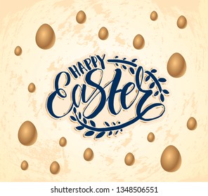 Vector illustration with handdrawn lettering "Happy Easter". Invitation template for greeting card, ad, promotion, poster, flyer, web-banner, article, social media