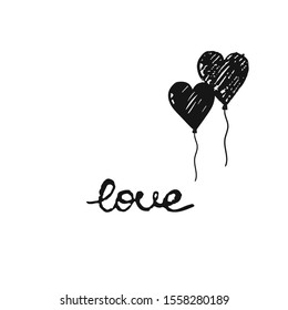 Vector illustration with hand-drawn lettering. love with hot air balloon in the shape of a heart. Calligraphic design. Can be used for t-shirt print, invitation, greeting card, posters, banners