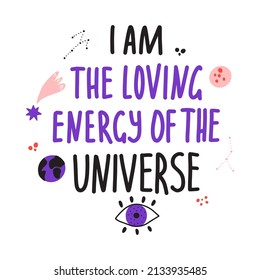 Vector illustration with hand-drawn lettering for prints and posters. Colorful handwritten design with space elements, planets and constellations.