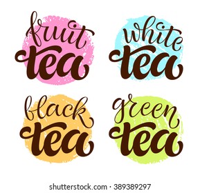 Vector illustration with hand-drawn lettering. Tea time set for prints and posters, menu design, invitation and greeting cards. Calligraphic and typographic collection