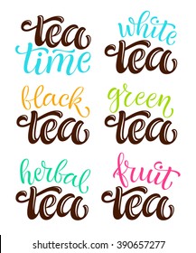 Vector illustration with hand-drawn lettering. Tea time set for prints and posters, menu design, invitation and greeting cards. Calligraphic and typographic collection