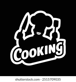 Vector illustration of hand-drawn lettering text cooking on a fork and knife logo, sticker for a restaurant