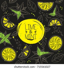 Vector illustration of hand-drawn lime and mint for the store of natural product or packaging. Organic illustration for a postcard / banner template / background / poster. Line art designs.